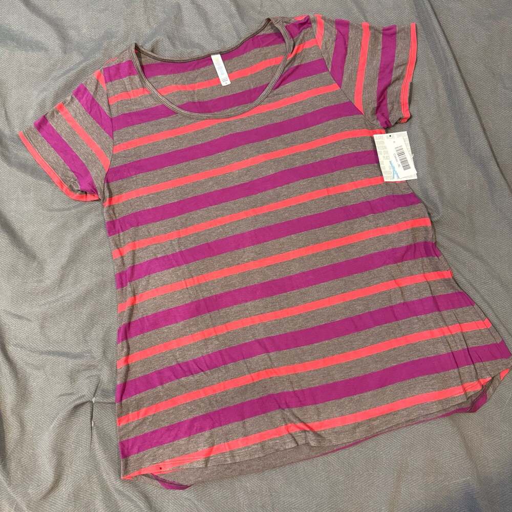 LuLaRoe Classic T-Shirt XL Pink Purple Gray Striped Short Sleeve Top